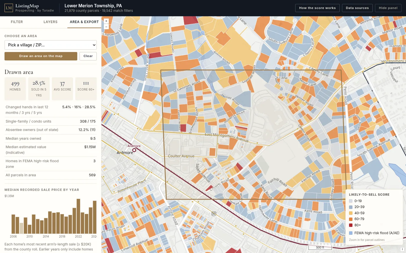 Lower Merion prospecting map with likely-to-sell scores